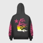 Back view of the Hellstar Future Flame Hoodie featuring a stylized fire profile graphic and a star on the back.