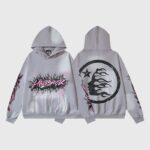Front and back view of the grey Hellstar Future Flame hoodie featuring pink and black graphic flame prints and logo.