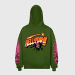 Green Hellstar Future Flame hoodie featuring a graphic screen print on the front and fire designs on the sleeves.