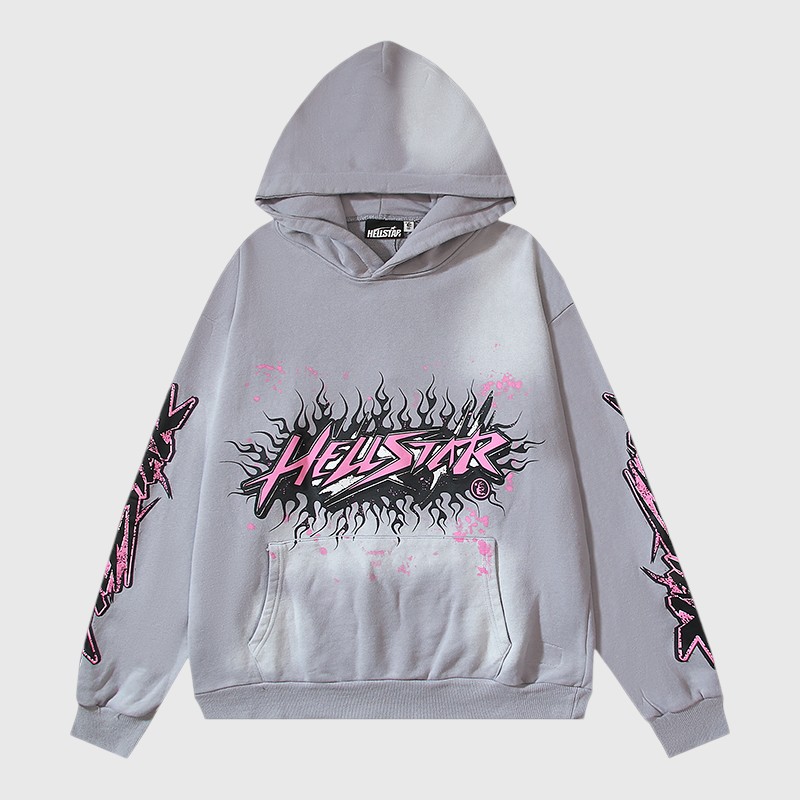 Hellstar Future Flame Hoodie Grey Pink Graphic Hellstar Future Flame Hoodie in grey featuring striking pink and black flame graphics and branding on the chest and sleeves.