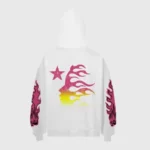 White Hellstar Future Flame hoodie featuring a vibrant pink and yellow graphic print with a star on the back.