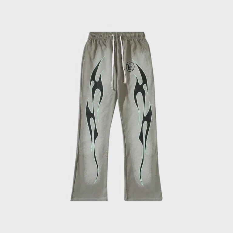 Hellstar Future Flame sweatpants in grey with signature distressed flame graphics and an adjustable drawstring waist.