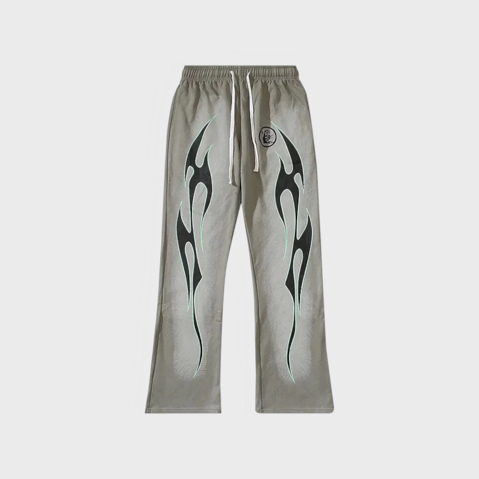 Hellstar Future Flame Sweatpants Front View Hellstar Future Flame sweatpants in grey with signature distressed flame graphics and an adjustable drawstring waist.