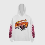 Front view of the white Hellstar Future Flame hoodie featuring bold graphic prints on the chest and sleeves.