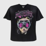 Hellstar Future (Red) black unisex cotton tee with vibrant pink futuristic figure wearing high-tech goggles and Hellstar logo