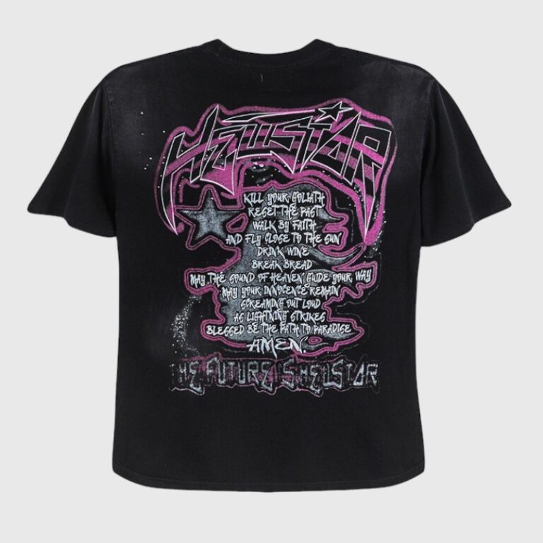 Black Hellstar Future T-shirt featuring a detailed pink graphic print on the back with inspirational text elements.