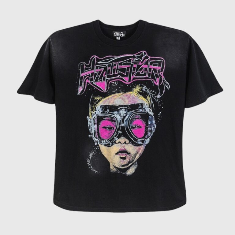 Hellstar Future (Red) black unisex cotton tee with vibrant pink futuristic figure wearing high-tech goggles and Hellstar logo