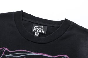Black Hellstar Future T-shirt with a detailed view of the inner neck logo branding and high-quality cotton fabric.