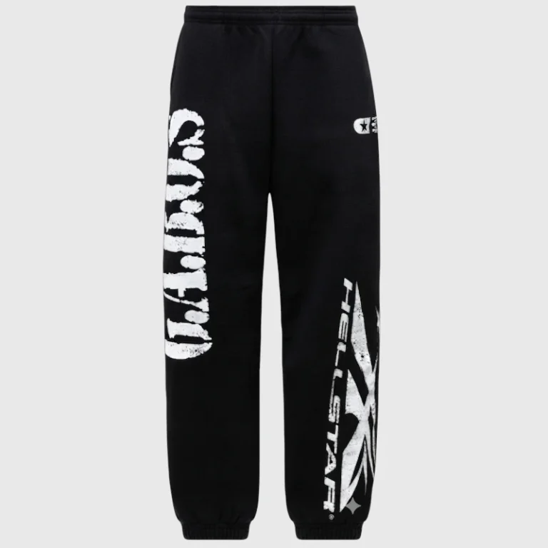 Hellstar G.A.B.O.S Black Pants with white vintage washed graphic screen print in a relaxed urban streetwear fit design.