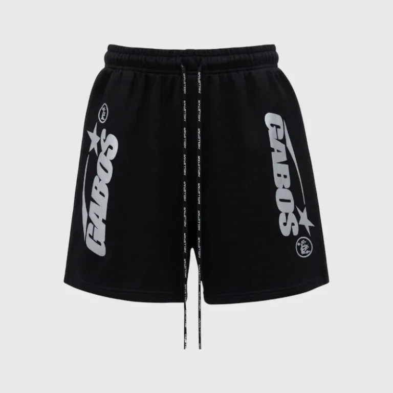 Front view of black Hellstar G.A.B.O.S shorts featuring premium heavyweight fabric, graphic screen print, and drawstring.
