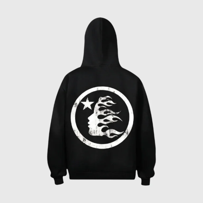 Back view of the black Hellstar G.A.B.O.S hoodie featuring a circular white graphic with a star and flame profile.