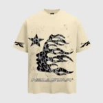 Front view of the beige Hellstar Glitter P2P graphic t-shirt featuring a flame logo design on 100% cotton fabric.