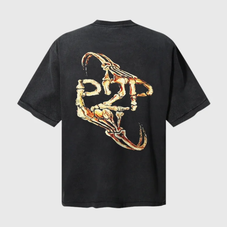 Back view of the black Hellstar Glory T-Shirt featuring a detailed skeletal hand graphic in a relaxed streetwear fit.