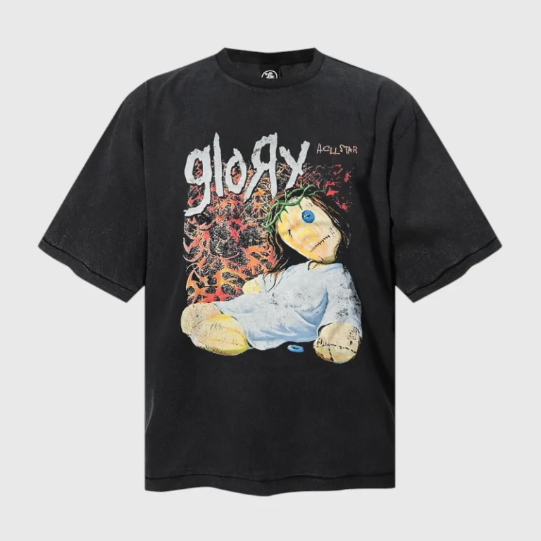 Front view of the black Hellstar Glory T-shirt featuring a unique graphic print on premium heavyweight cotton fabric.
