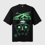 Hellstar Goggles black graphic t-shirt featuring a vintage distressed green screen print design on premium cotton.