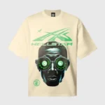 Beige Hellstar Goggles graphic t-shirt featuring a unique green screen-printed design on soft, premium cotton fabric.