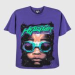 Purple Hellstar Goggles T-shirt featuring a futuristic graphic of a face wearing neon goggles with cosmic details.