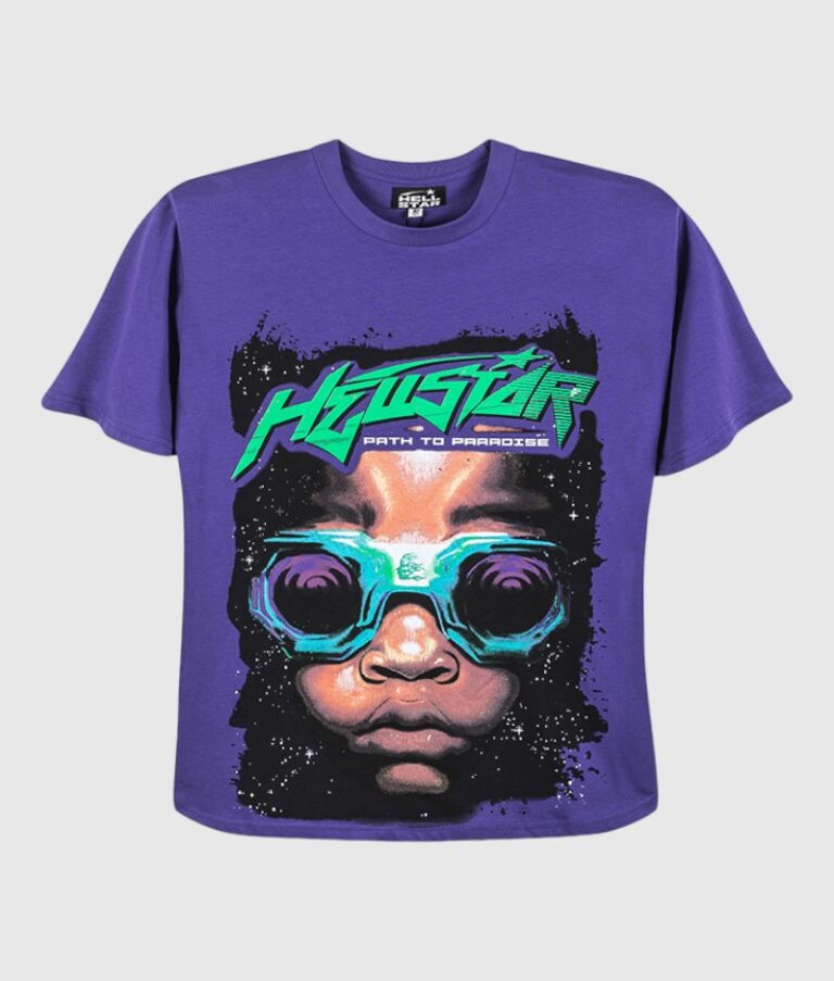 Purple Hellstar Goggles T-shirt featuring a futuristic graphic of a face wearing neon goggles with cosmic details.