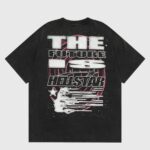 Hellstar Goggles T-shirt back graphic on black tee with futuristic face, oversized goggles and Hellstar branding