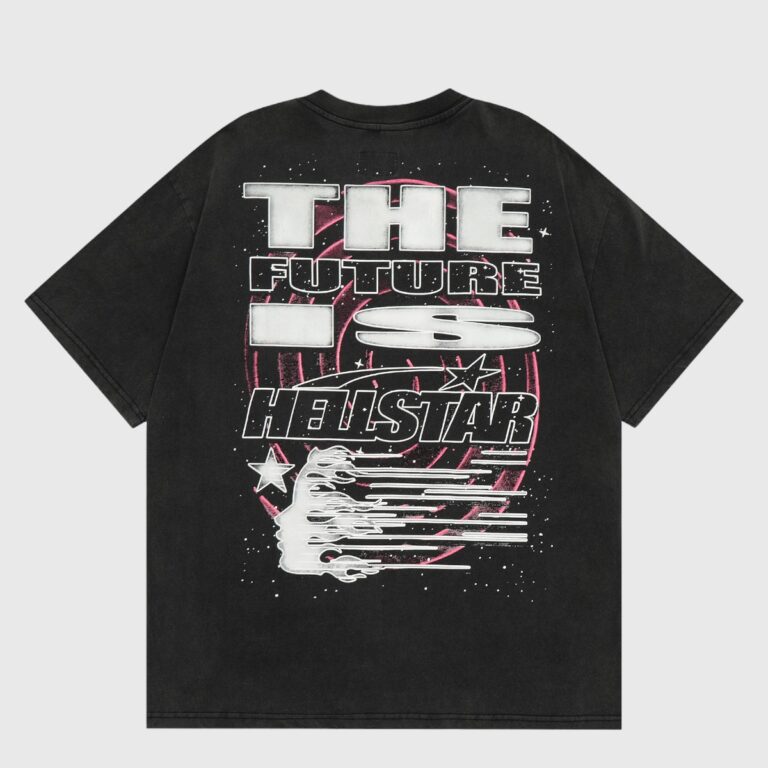 Hellstar Goggles T-shirt back graphic on black tee with futuristic face, oversized goggles and Hellstar branding