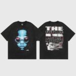 Hellstar black Goggles T‑Shirt featuring a blue futuristic face on front and "THE FUTURE" back graphic