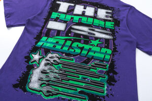 Purple Hellstar Goggles T-shirt featuring a detailed back graphic print with futuristic neon text and a face design.