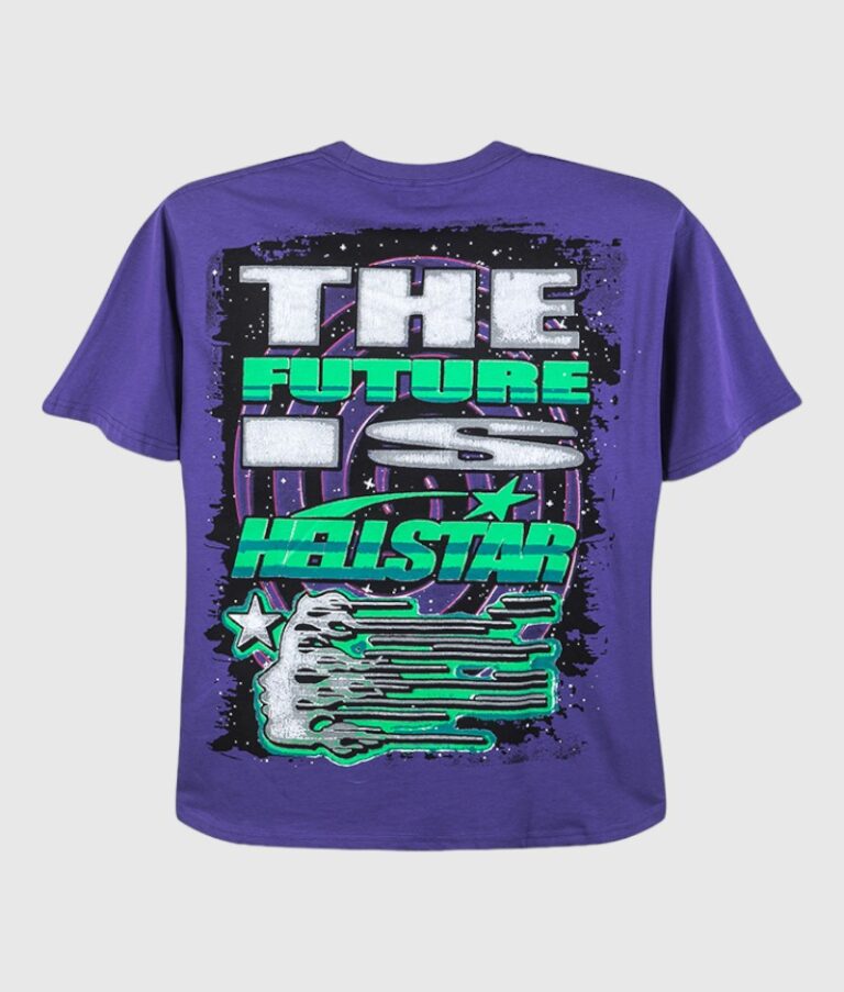 Back view of the purple Hellstar Goggles T-shirt featuring a futuristic graphic with neon text and sci-fi aesthetic.