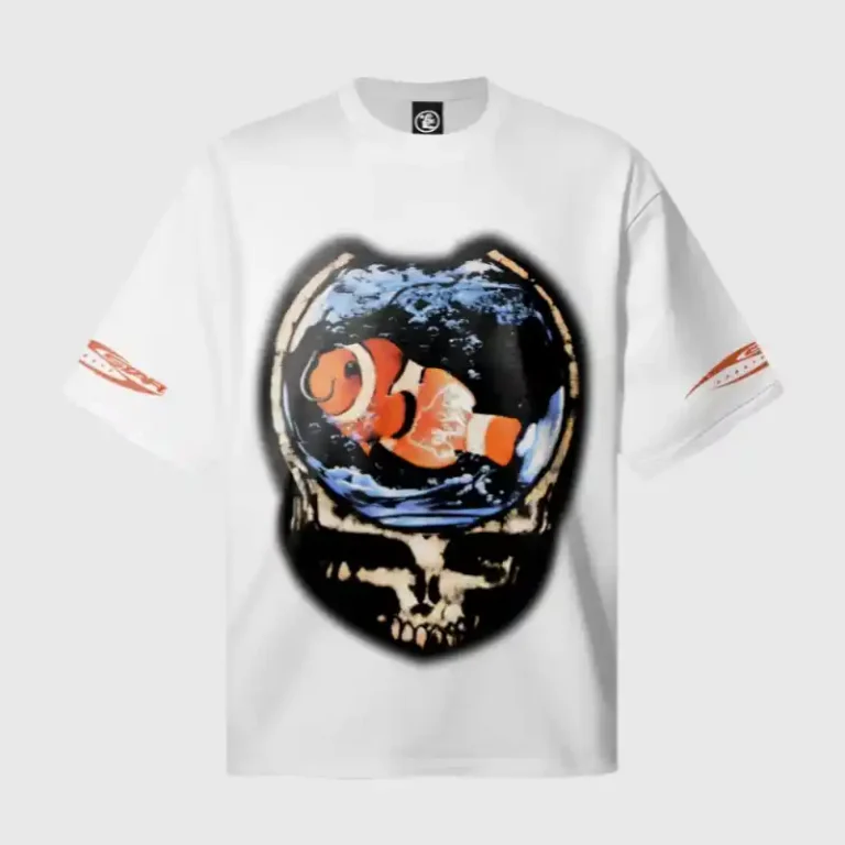 Premium white Hellstar Gone Fishin graphic t-shirt with a skull and clownfish print on heavyweight cotton fabric.