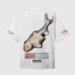 Back view of the Hellstar Gone Fishin white t-shirt featuring a detailed fish skeleton graphic and streetwear branding.