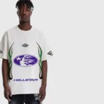 A man wears the Hellstar Gradient Flame cream T-shirt featuring a unique graphic flame design on the front view.