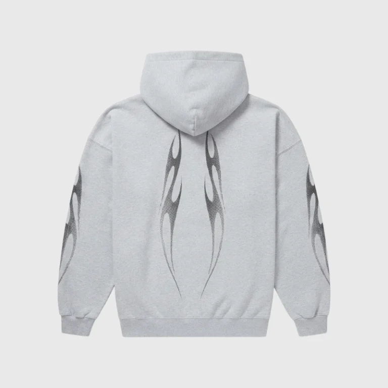 Back view of the grey Hellstar Gradient Flame Hoodie showcasing the signature fiery flame print on the back and sleeves.