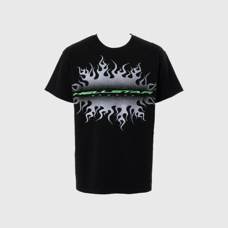 Hellstar black t-shirt featuring a gradient flame graphic and a modern sports-inspired brand logo design.