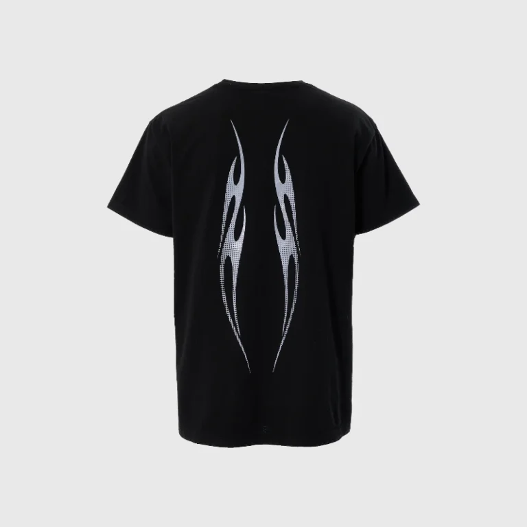 Back view of the black Hellstar Gradient Flame Sports Logo T-Shirt featuring a vertical silver flame graphic design.