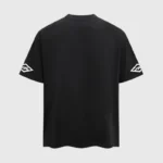 Back view of the black Hellstar Gradient Flame T-shirt showing sleeve logos and high-quality cotton construction.
