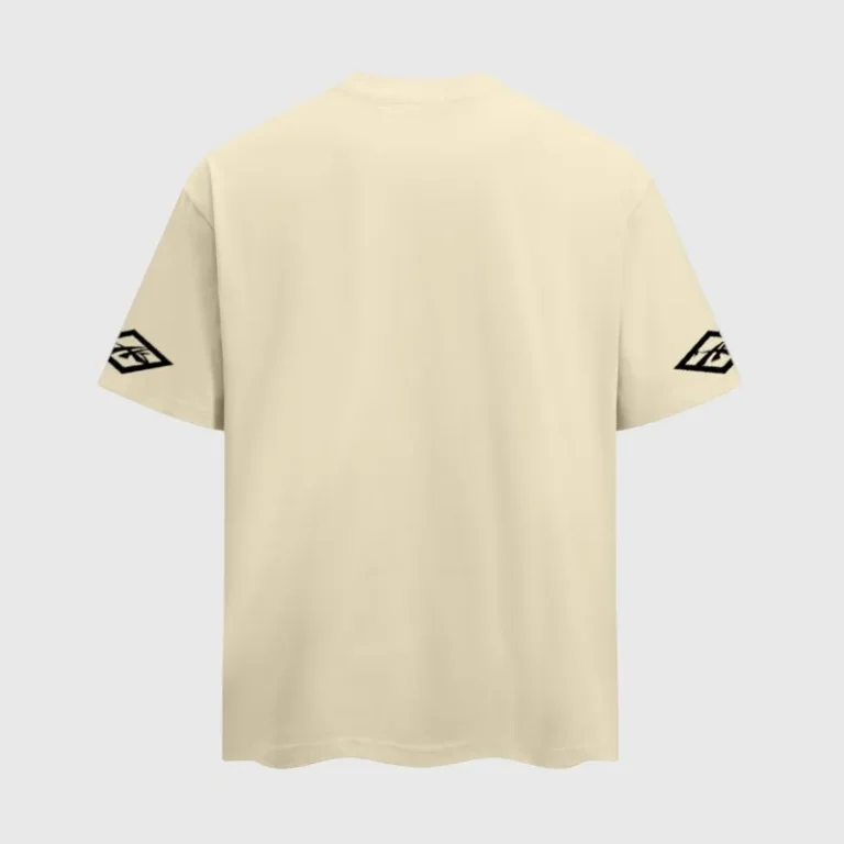 Back view of the Hellstar Gradient Flame T-shirt in cream color with black sleeve logo prints on a plain background.