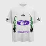 White Hellstar Gradient Flame T-shirt with a purple graphic print and green flame details on a premium cotton tee.