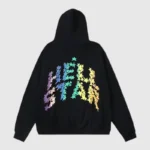 Back view of the black Hellstar Gradient Stars hoodie featuring a colorful graphic of stars on the back design.