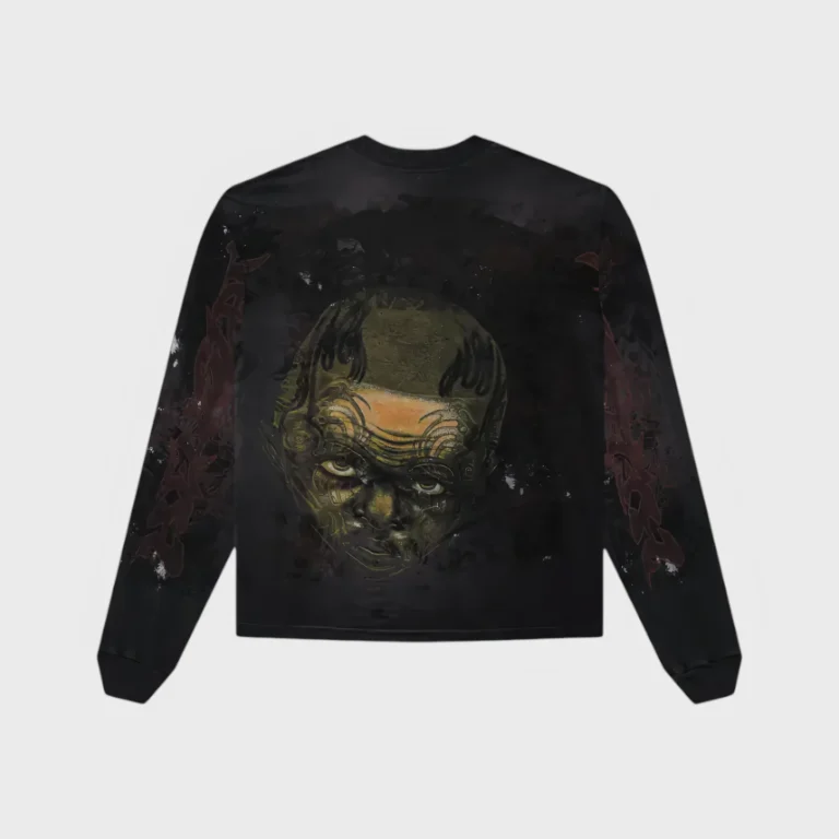 The back view of the black Hellstar long-sleeve sweater, featuring a bold, distressed urban graffiti graphic print.