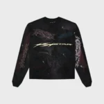 Black long-sleeve Hellstar sweater featuring stylized graffiti graphics and unique branding on the front and sleeves.
