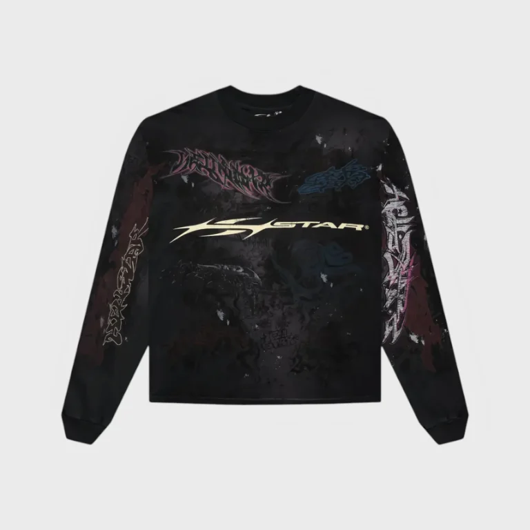 Black long-sleeve Hellstar sweater featuring stylized graffiti graphics and unique branding on the front and sleeves.