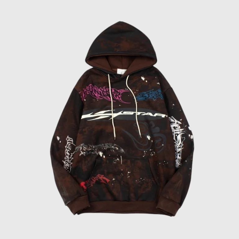 Hellstar Graffiti Brown Hoodie front view, washed brown cotton fleece featuring vibrant graffiti graphics and drawstring hood