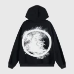 Back view of a black Hellstar fleece hoodie featuring a large, artistic white graffiti-style circular graphic print.
