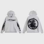 Front and back view of the grey Hellstar graffiti print hoodie featuring an oversized fit and fleece material.