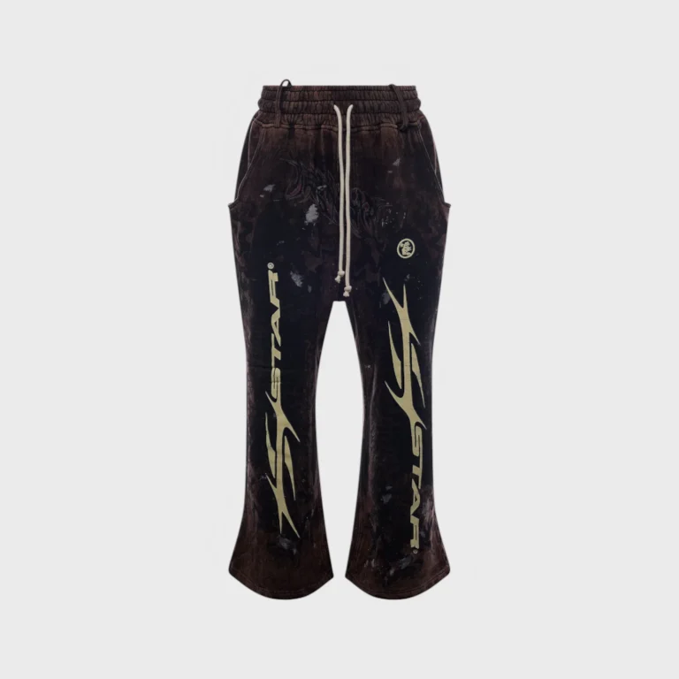 Hellstar Graffiti Sweatpants in brown featuring distressed fabric, drawstring waist, and iconic graphic screen prints.