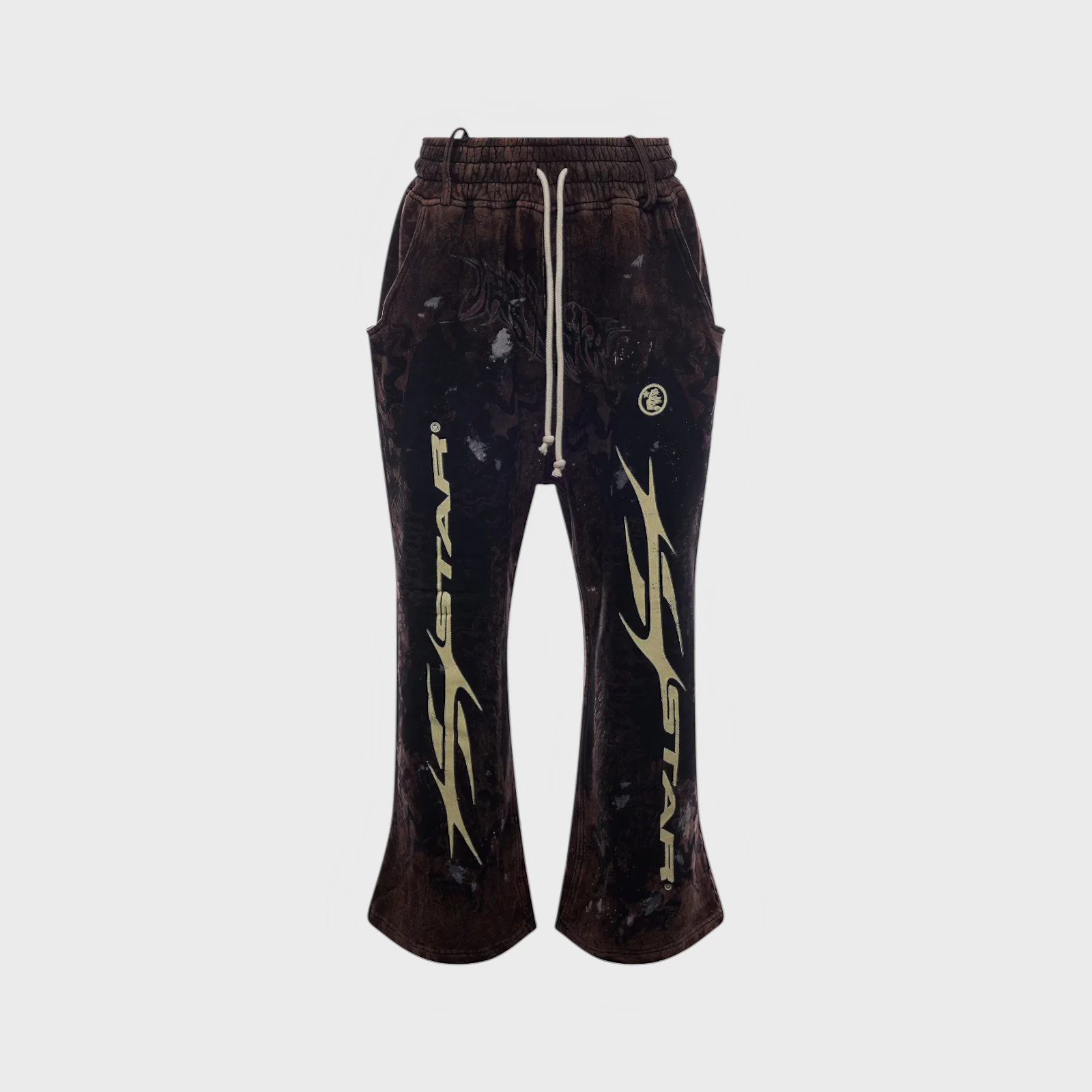 Hellstar Graffiti Sweatpants Brown Front View Hellstar Graffiti Sweatpants in brown featuring distressed fabric, drawstring waist, and iconic graphic screen prints.