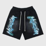 Black Hellstar Graffiti Washed Shorts featuring blue graphic print, drawstring closure, and vintage streetwear style.