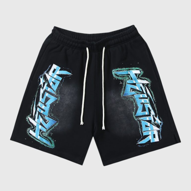 Black Hellstar Graffiti Washed Shorts featuring blue graphic print, drawstring closure, and vintage streetwear style.