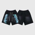 Front and back view of Hellstar Graffiti Washed black shorts with blue graphic screen print and drawstring closure.