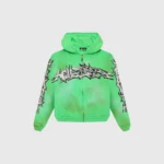 Front view of the Hellstar Graffiti Zip-Up Green Hoodie featuring bold graphic prints and a vibrant urban aesthetic.