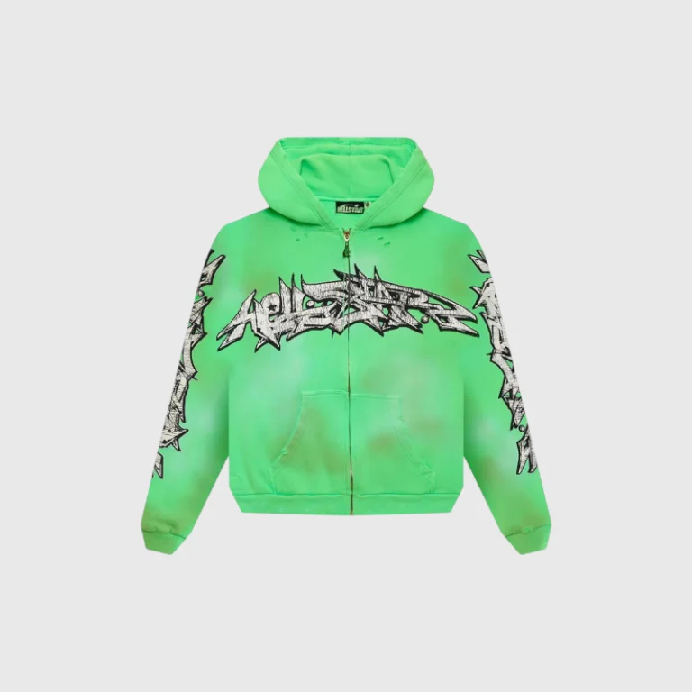 Front view of the Hellstar Graffiti Zip-Up Green Hoodie featuring bold graphic prints and a vibrant urban aesthetic.